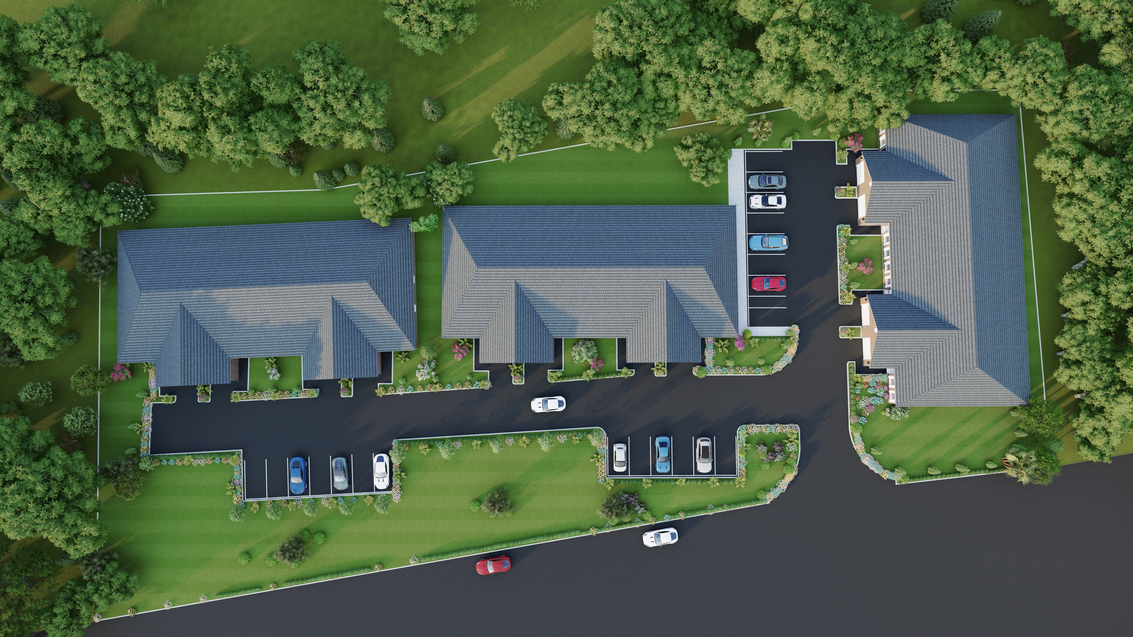 a rendering of a neighborhood with houses and trees